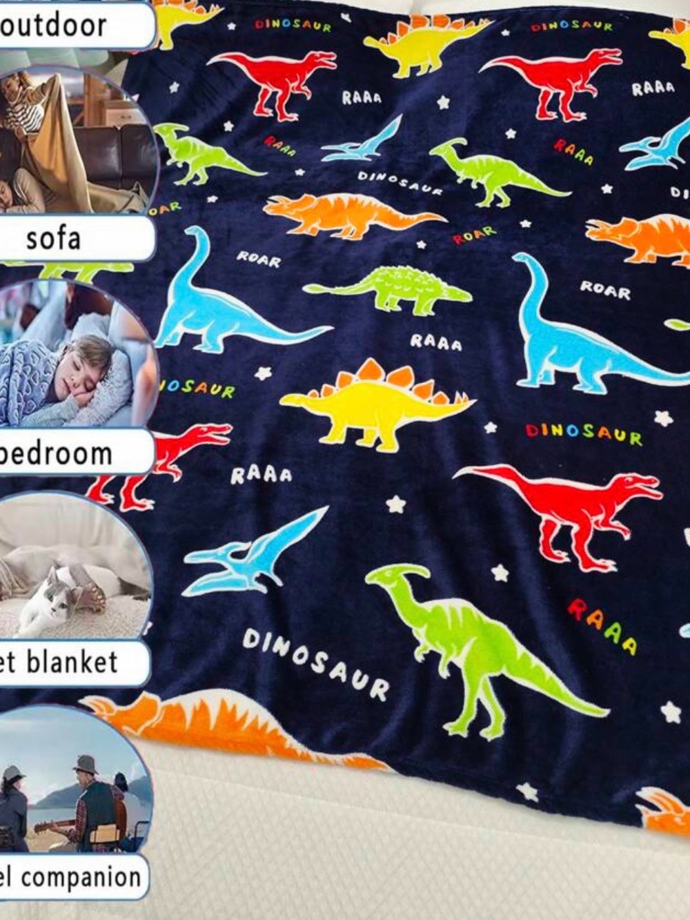 Plush Glow in Dark Dinosaur Print Kids Blanket - Navy Background